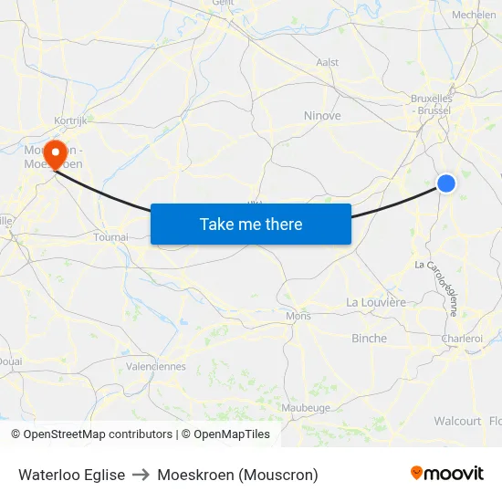 Waterloo Eglise to Moeskroen (Mouscron) map