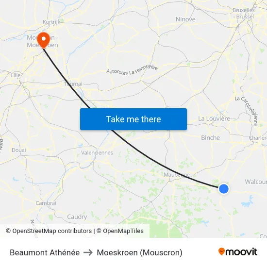 Beaumont Athénée to Moeskroen (Mouscron) map
