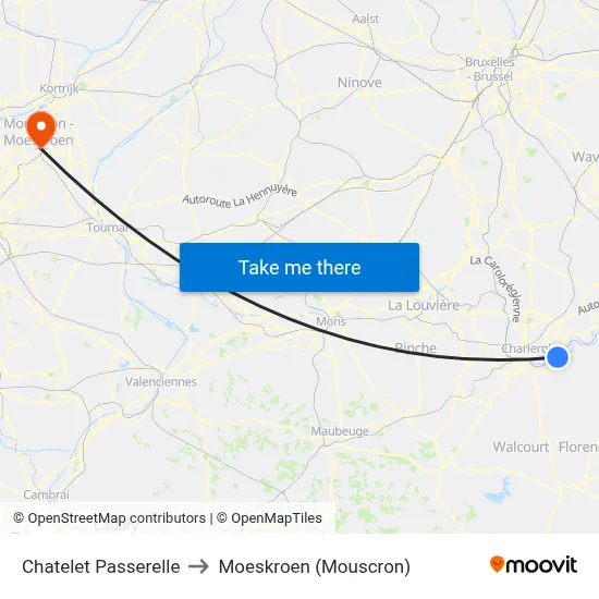 Chatelet Passerelle to Moeskroen (Mouscron) map
