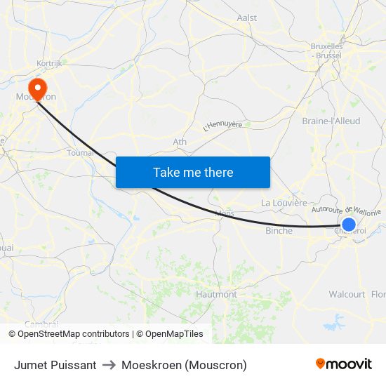 Jumet Puissant to Moeskroen (Mouscron) map