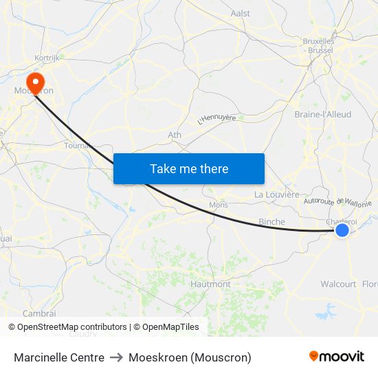 Marcinelle Centre to Moeskroen (Mouscron) map