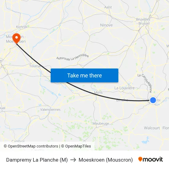 Dampremy La Planche (M) to Moeskroen (Mouscron) map