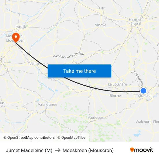 Jumet Madeleine (M) to Moeskroen (Mouscron) map