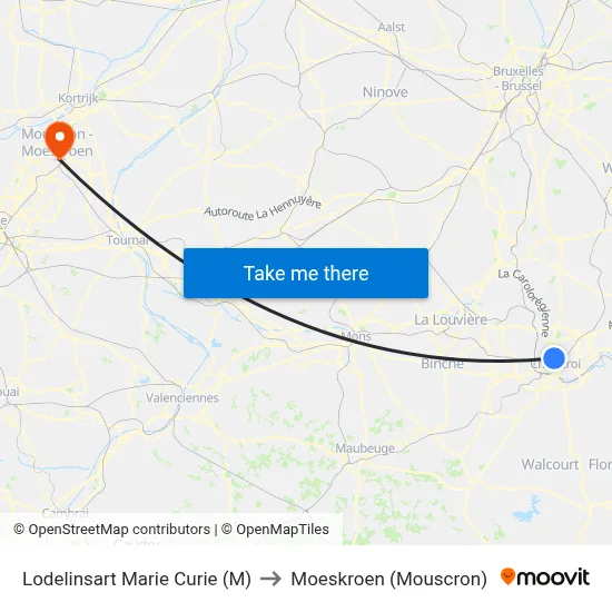 Lodelinsart Marie Curie (M) to Moeskroen (Mouscron) map