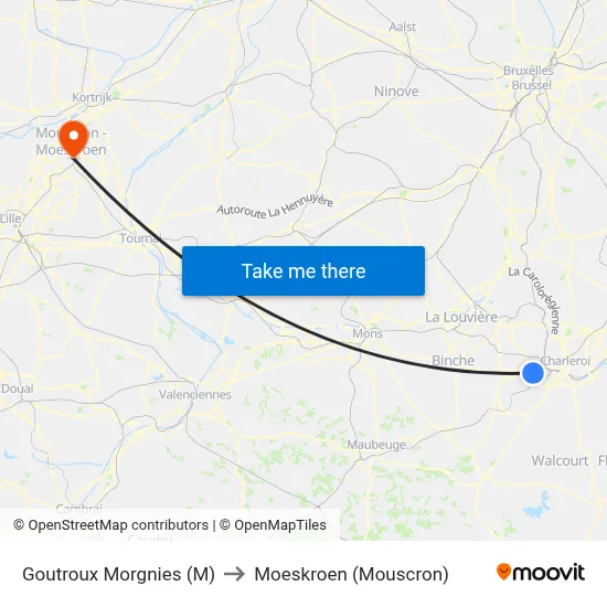 Goutroux Morgnies (M) to Moeskroen (Mouscron) map