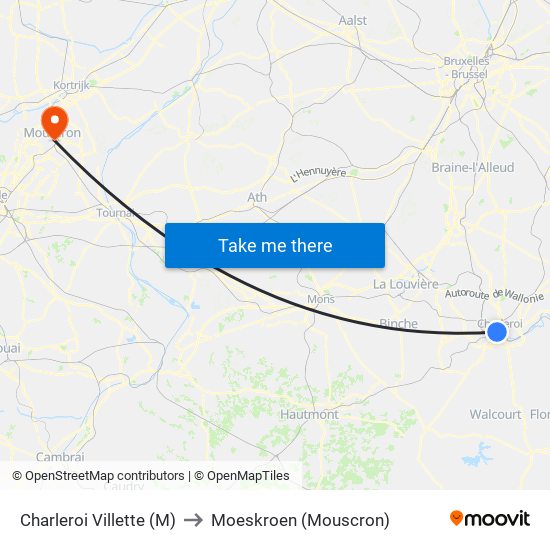 Charleroi Villette (M) to Moeskroen (Mouscron) map