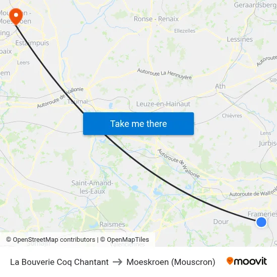 La Bouverie Singing Rooster to Moeskroen (Mouscron) map
