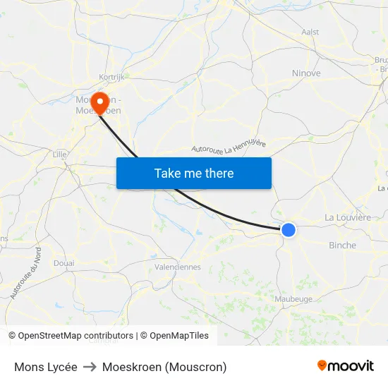 Mons Lycée to Moeskroen (Mouscron) map
