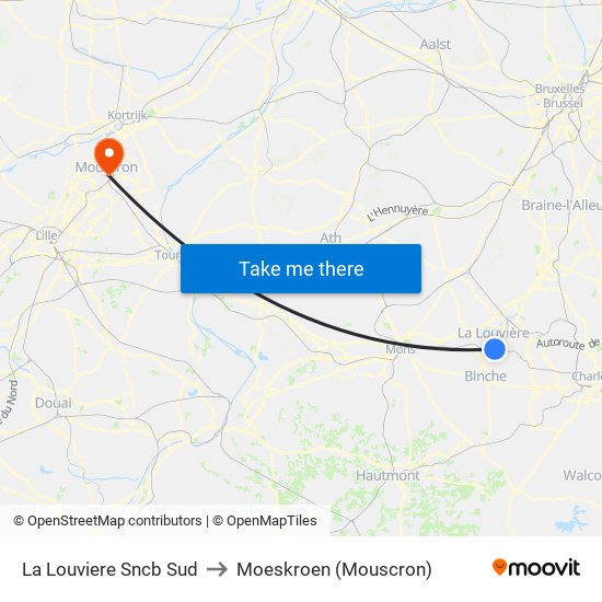 La Louviere Sncb Sud to Moeskroen (Mouscron) map