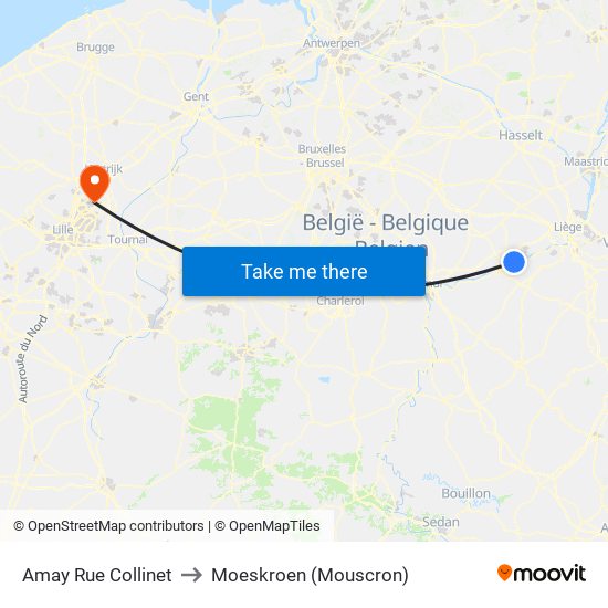 Amay Rue Collinet to Moeskroen (Mouscron) map