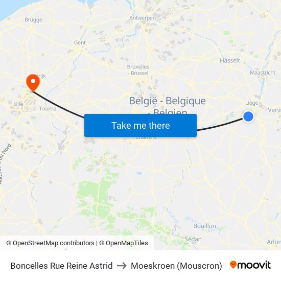 Boncelles Rue Reine Astrid to Moeskroen (Mouscron) map