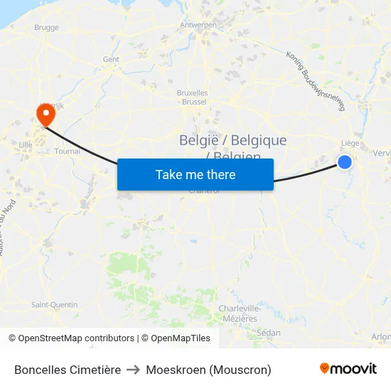 Boncelles Cimetière to Moeskroen (Mouscron) map