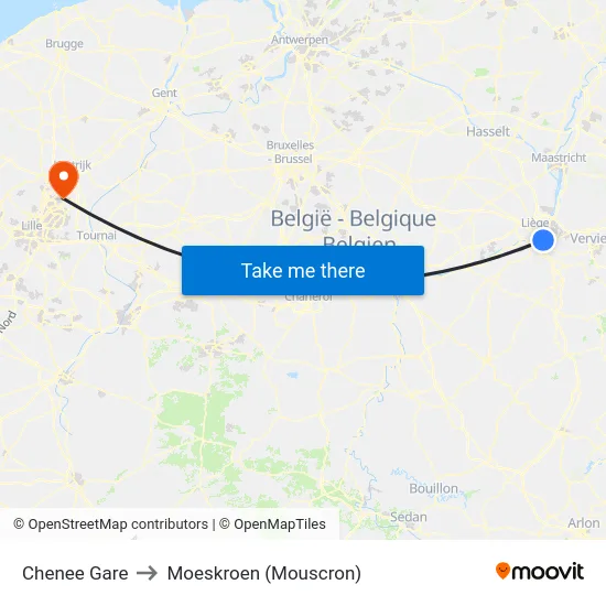 Chenee Gare to Moeskroen (Mouscron) map