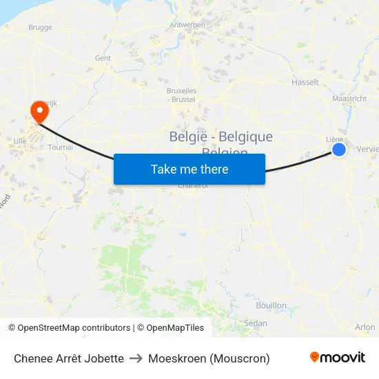 Chenee Arrêt Jobette to Moeskroen (Mouscron) map