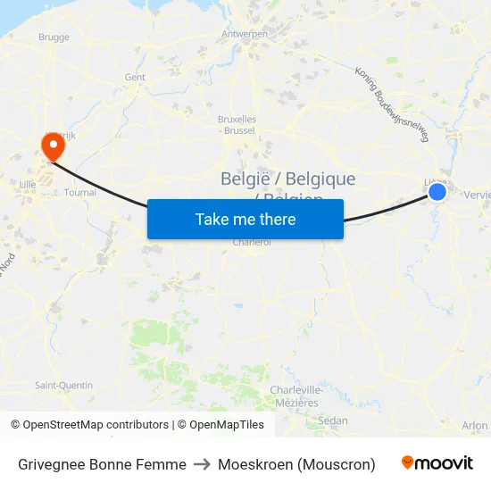 Grivegnee Bonne Femme to Moeskroen (Mouscron) map