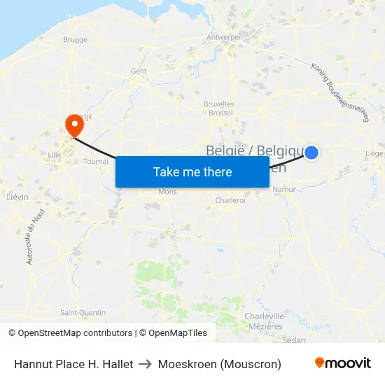 Hannut Place H. Hallet to Moeskroen (Mouscron) map