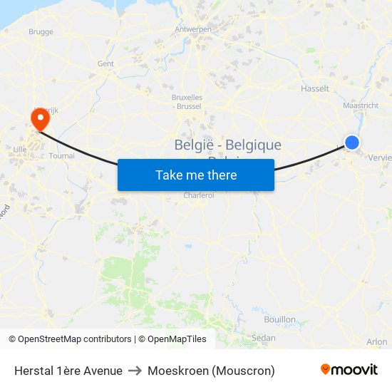Herstal 1ère Avenue to Moeskroen (Mouscron) map