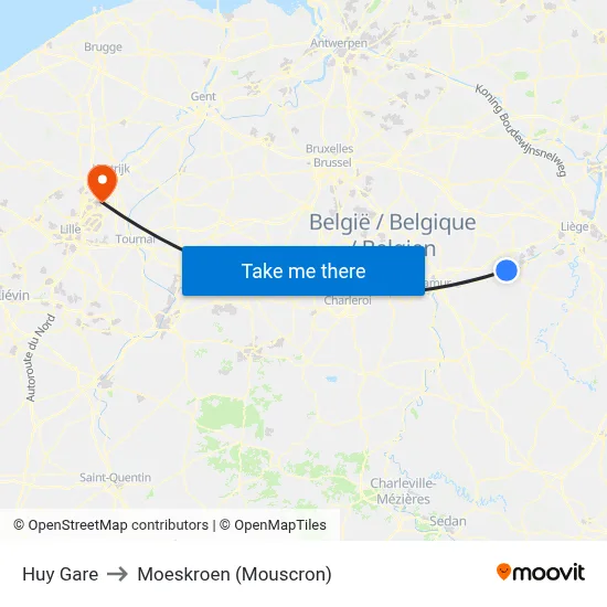 Huy Gare to Moeskroen (Mouscron) map