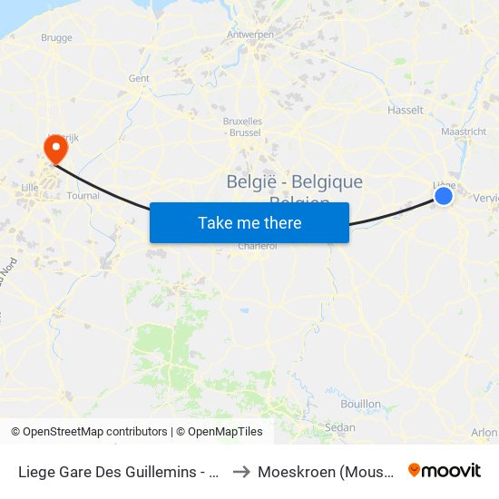 Liege Gare Des Guillemins - Quai B to Moeskroen (Mouscron) map