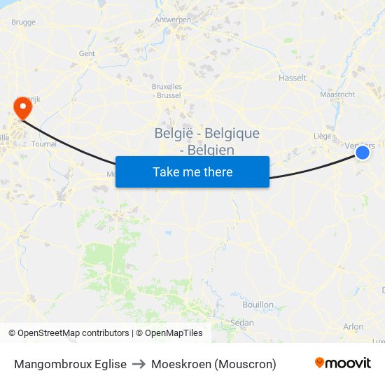 Mangombroux Eglise to Moeskroen (Mouscron) map
