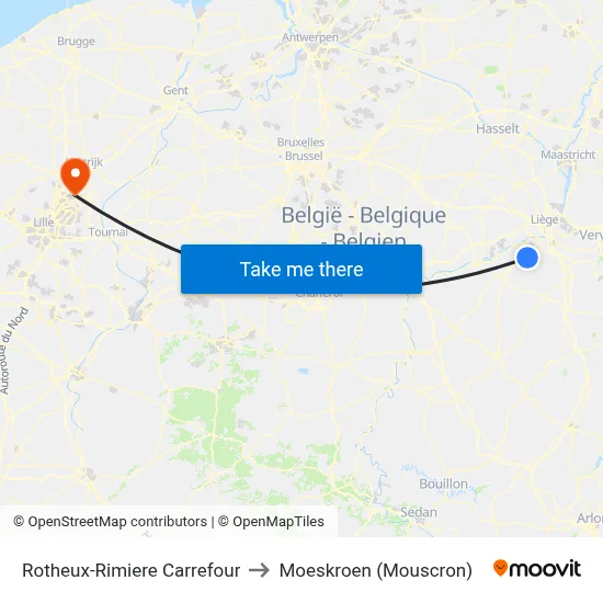 Rotheux-Rimiere Carrefour to Moeskroen (Mouscron) map
