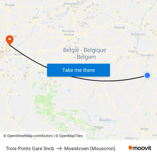 Trois-Ponts Gare Sncb to Moeskroen (Mouscron) map