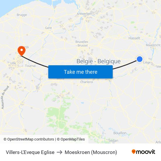 Villers-L'Eveque Eglise to Moeskroen (Mouscron) map