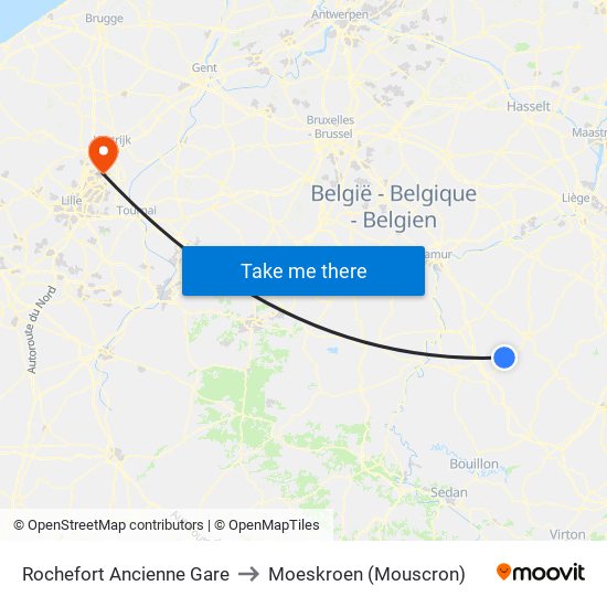 Rochefort Ancienne Gare to Moeskroen (Mouscron) map