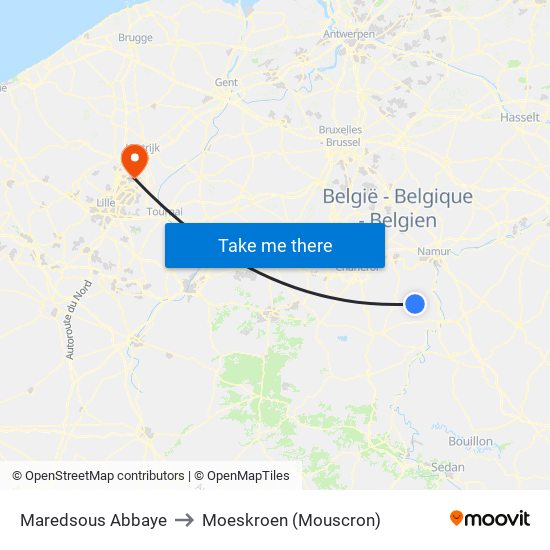 Maredsous Abbaye to Moeskroen (Mouscron) map