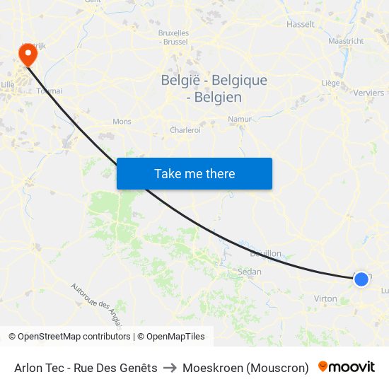 Arlon Tec - Rue Des Genêts to Moeskroen (Mouscron) map