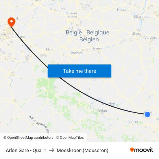 Arlon Gare - Quai 1 to Moeskroen (Mouscron) map