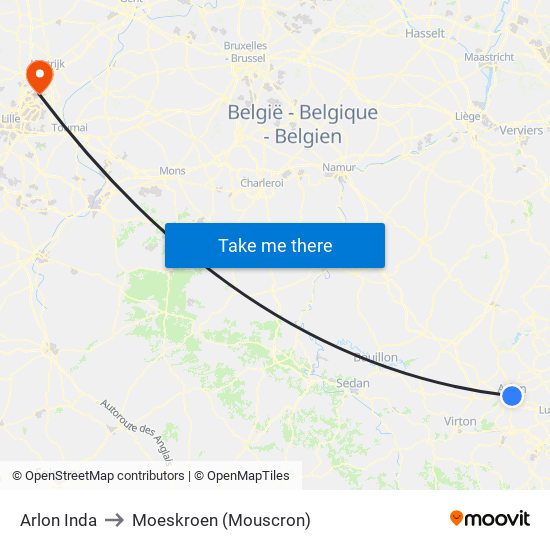 Arlon Inda to Moeskroen (Mouscron) map