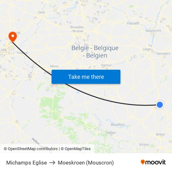 Michamps Eglise to Moeskroen (Mouscron) map