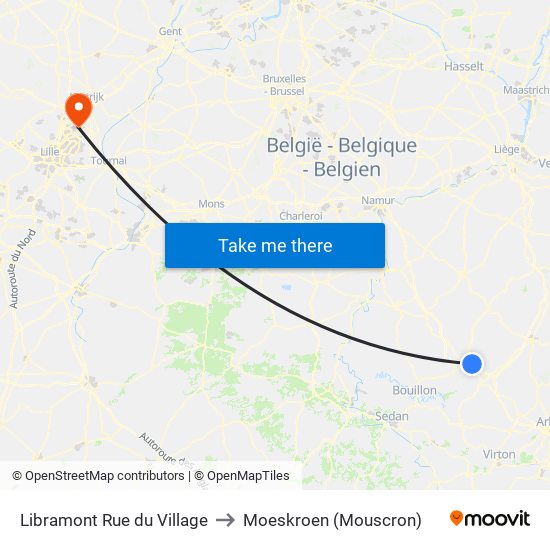 Libramont Rue du Village to Moeskroen (Mouscron) map