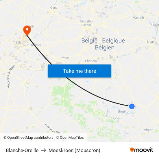 Blanche-Oreille to Moeskroen (Mouscron) map