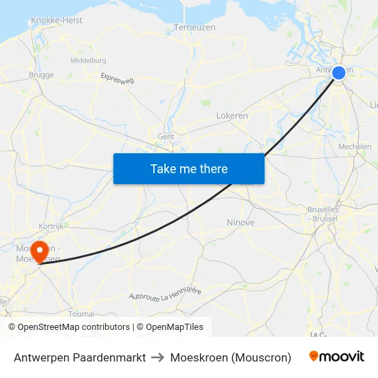 Antwerpen Paardenmarkt to Moeskroen (Mouscron) map