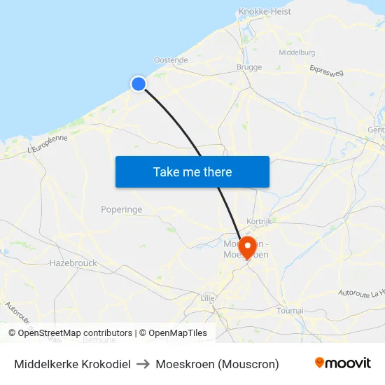 Middelkerke Krokodiel to Moeskroen (Mouscron) map