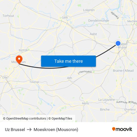 Uz Brussel to Moeskroen (Mouscron) map