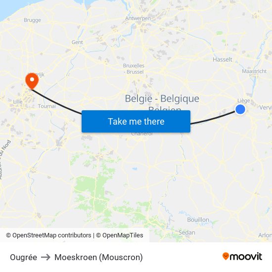 Ougrée to Moeskroen (Mouscron) map