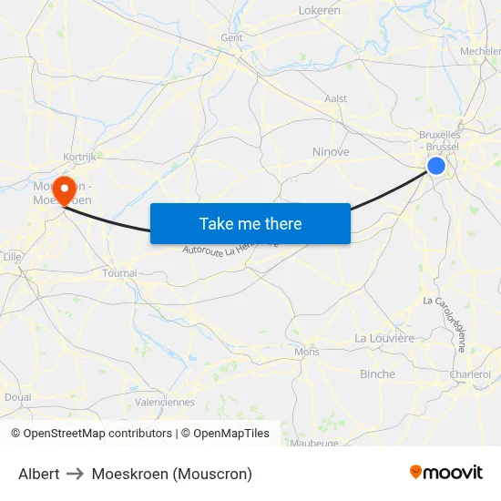 Albert to Moeskroen (Mouscron) map