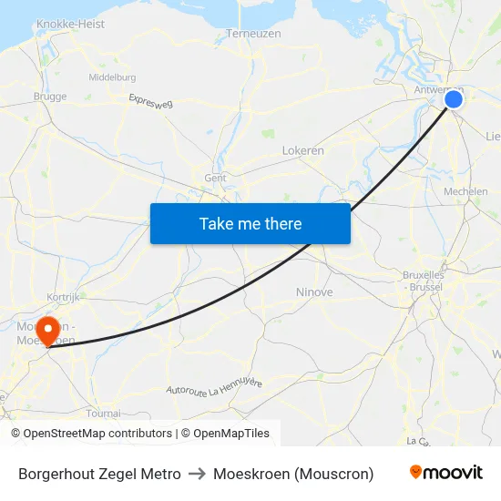 Borgerhout Zegel Metro to Moeskroen (Mouscron) map