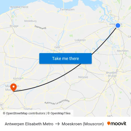 Antwerpen Elisabeth Metro to Moeskroen (Mouscron) map