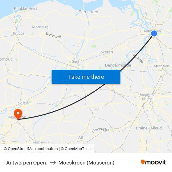 Antwerpen Opera to Moeskroen (Mouscron) map