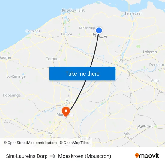 Sint-Laureins Dorp to Moeskroen (Mouscron) map
