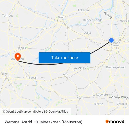 Wemmel Astrid to Moeskroen (Mouscron) map