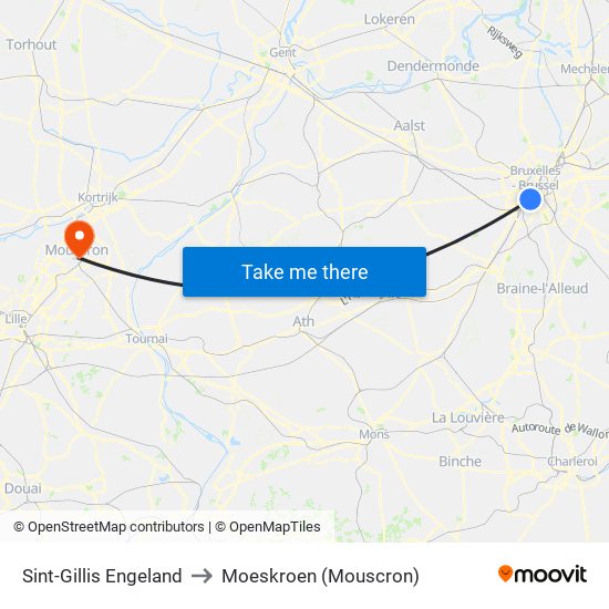 Sint-Gillis Engeland to Moeskroen (Mouscron) map