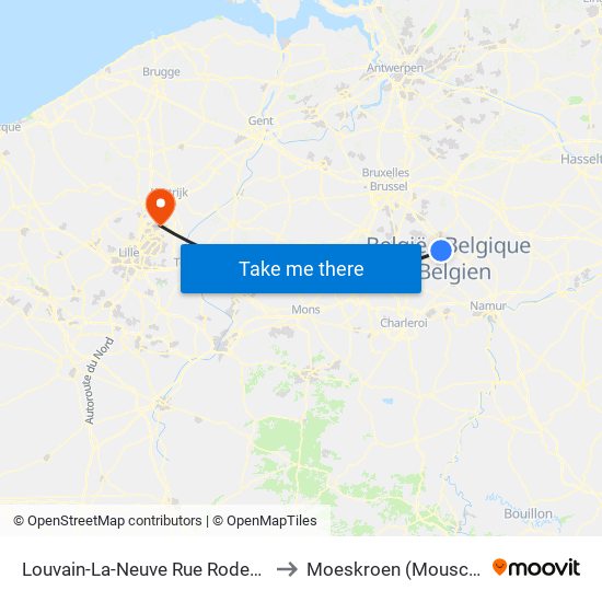 Louvain-La-Neuve Rue Rodeuhaie to Moeskroen (Mouscron) map