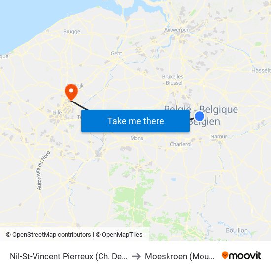 Nil-St-Vincent Pierreux (Ch. De Namur) to Moeskroen (Mouscron) map