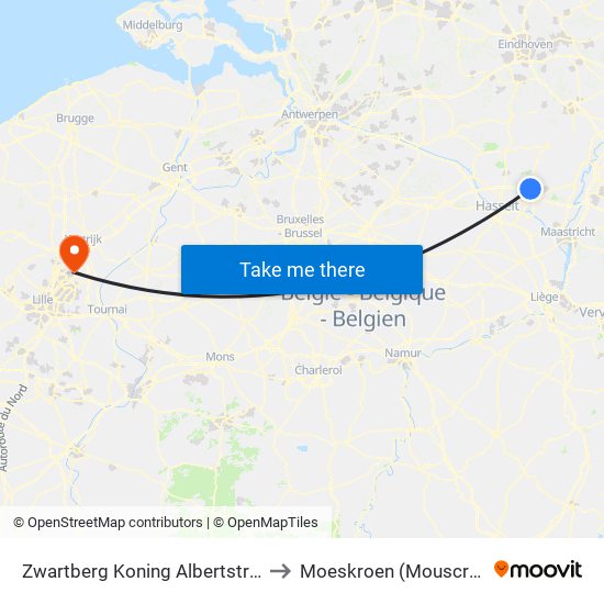 Zwartberg Koning Albertstraat to Moeskroen (Mouscron) map