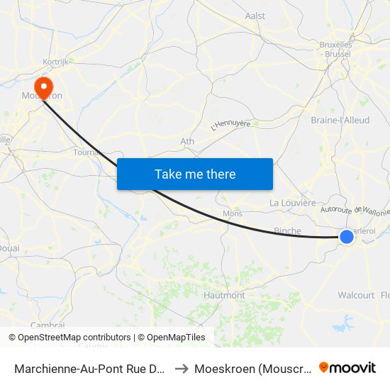 Marchienne-Au-Pont Rue Delire to Moeskroen (Mouscron) map